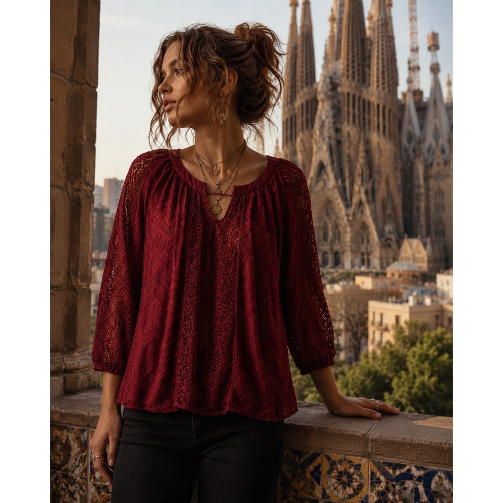 Figueroa & Flower Red Metallic Lace Peasant‎ Top Boho Whimsigoth Small